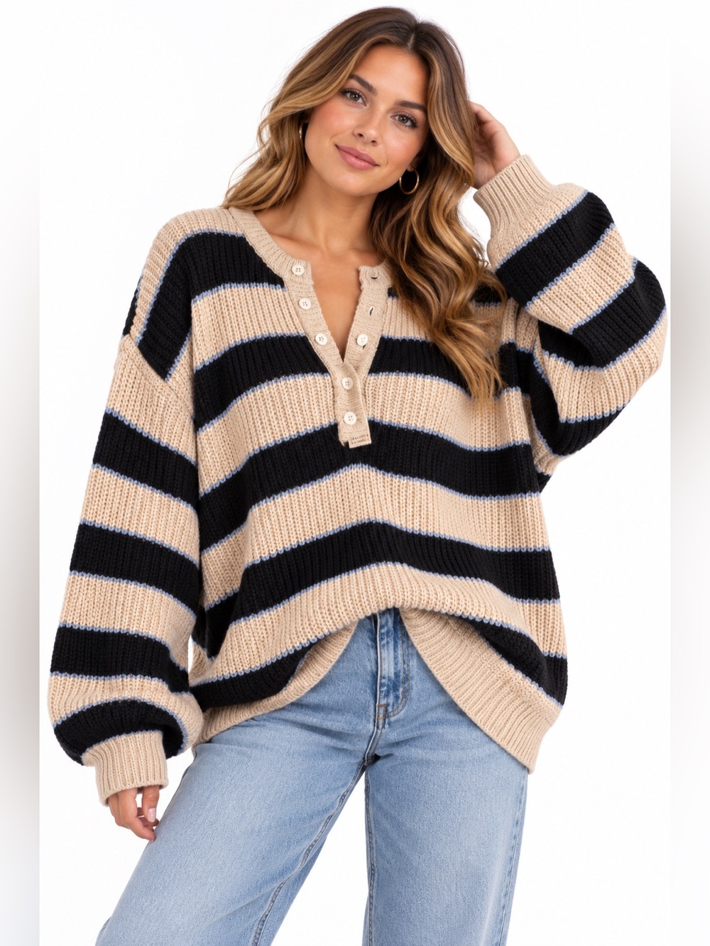 saltwater LUXE Beige, Black & Blue-Trim Striped Crewneck Sweater